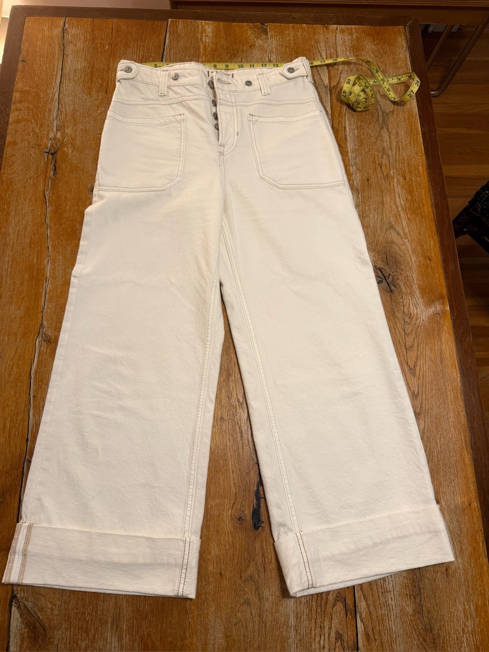 We The Free by Free People Wide-Leg High-Rise Cream Jeans w/Cuffed Hem size 27